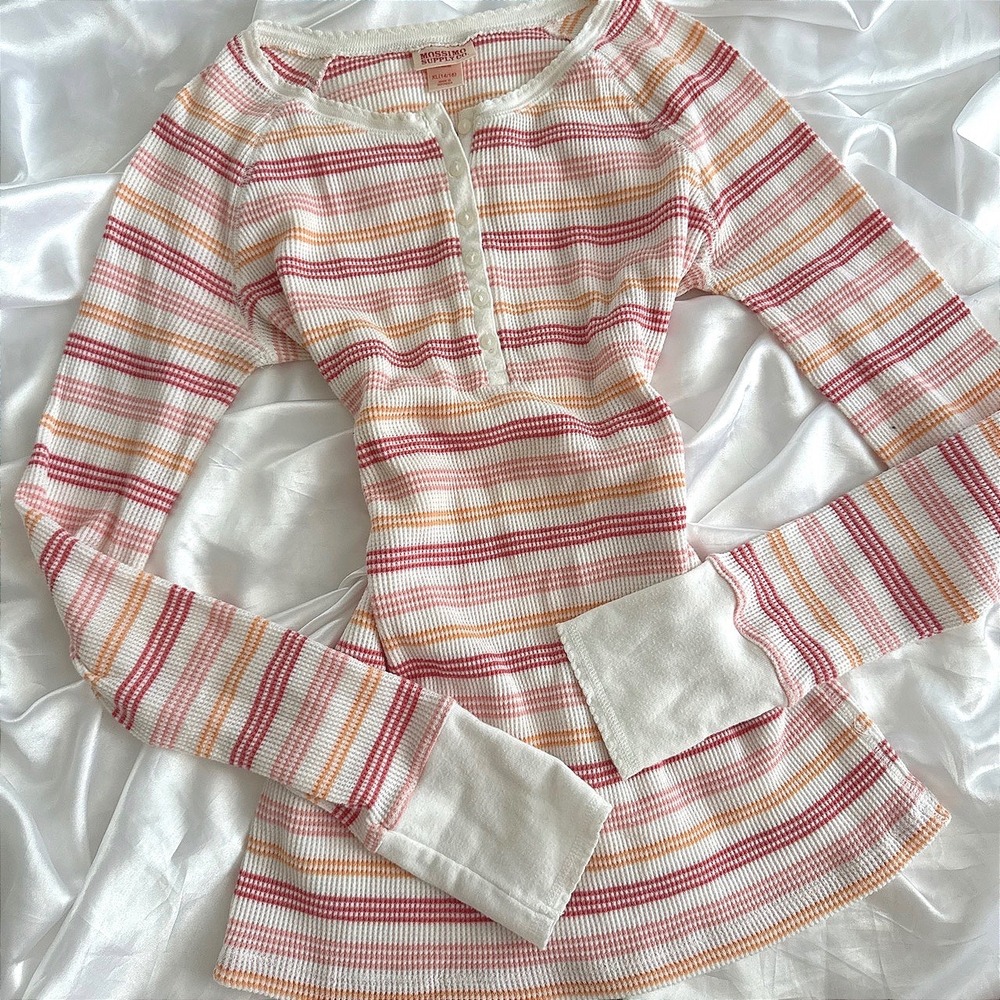 Mossimo Supply Co Striped Henley Top Ribbed Thermal Long Sleeve Pink Orange XL